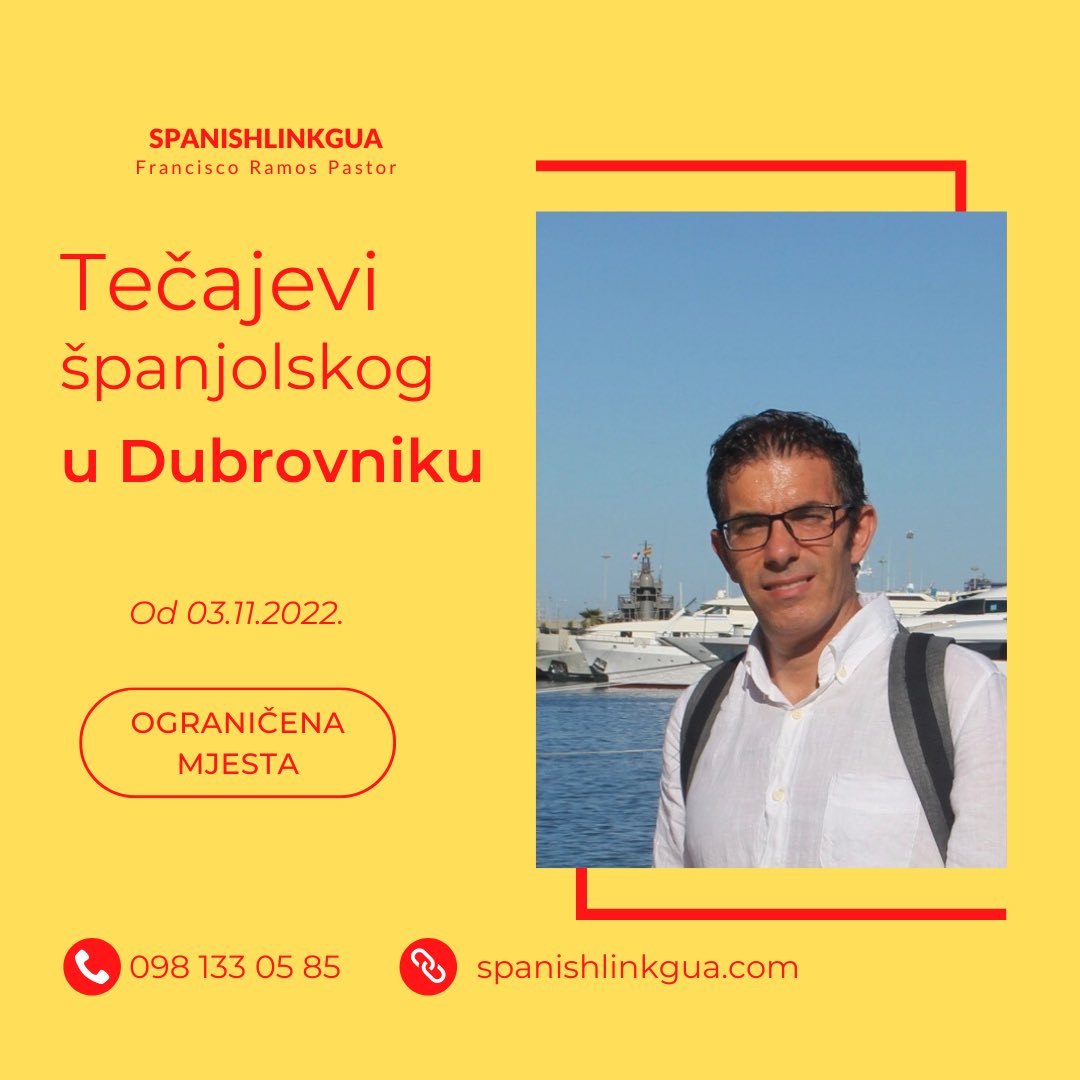 Sve razine (A1-C2). 

Ukoliko trebate više informacija, posjetite sljedeću poveznicu: spanishlinkgua.com/hr/nastava-uzi…

Otvoreni upisi. Ograničen broj mjesta. Ukoliko ste zainteresirani, ispunite sljedeću registracijsku formu: forms.gle/P2HzdsDufDWQCz…