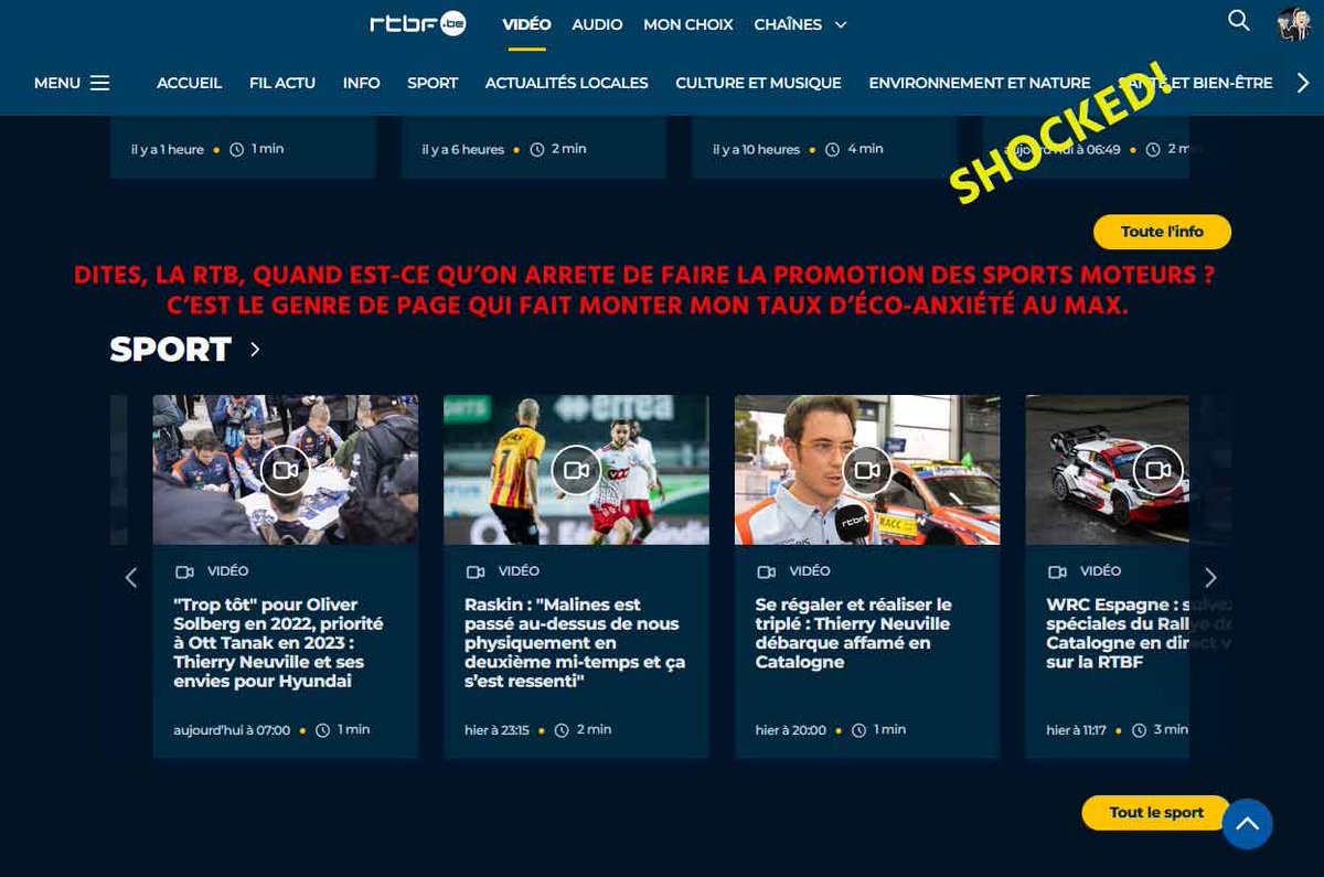 dites, <a href="/RTBFsport/">RTBF Sport</a> quand est-ce qu'on arrête de promotionner les sports mécaniques polluants? Sur votre site: 7 sujets sports sur 10 pour des bagnoles ! C'est moche ...