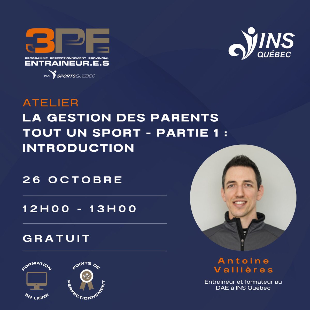 📣 Formation aux entraîneur.e.s!

Atelier de formation le 26 octobre sur la gestion des parents avec Antoine Vallières! 👫🗣️👂dans cadre du 
NOUVEAU PROGRAMME 3PE!
- Programme de perfectionnement provincial des entraîneur.e.s

Inscription ici 👉 bit.ly/3EZYRUu