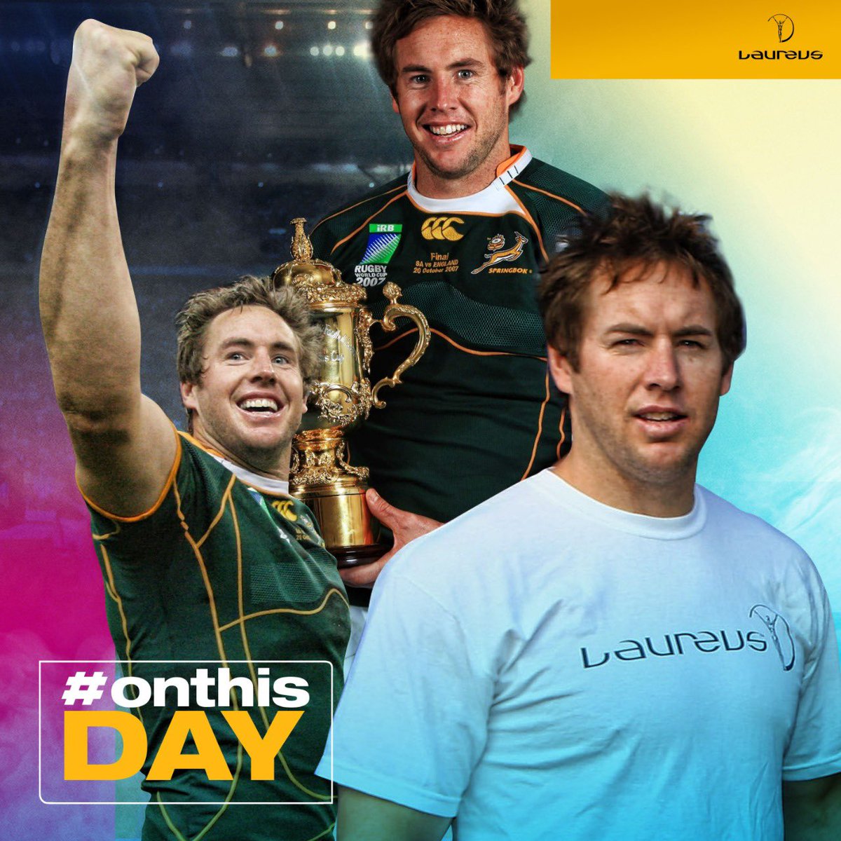 #OnThisDay in 2007, Laureus Academy Member @bryanhabana_, and Laureus Ambassadors Schalk Burger and Butch James became World Champions.🏉 🏆 All three World Champions have since used their platforms to inspire the next generation and used #SportForGood around the world. 🙌