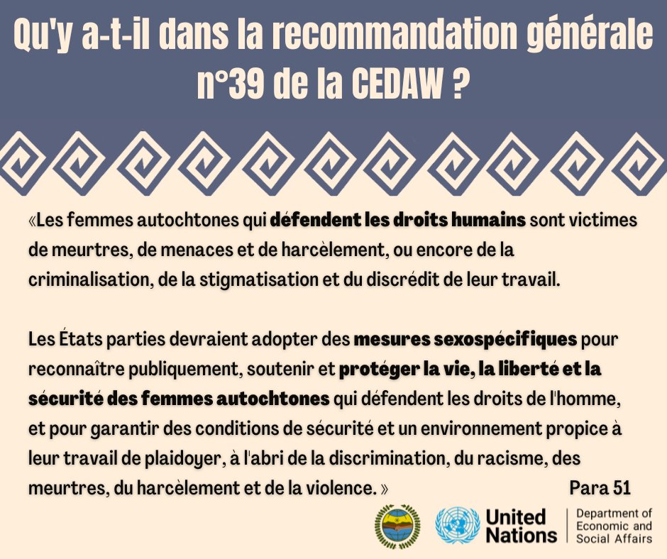 Que dit la Recommandation générale No.39 de la #CEDAW sur les Femmes Autochtones défenseures des droits humains? Regardez : bit.ly/3TeBlXP #NousSommesAutochtones #FemmesAutochtones