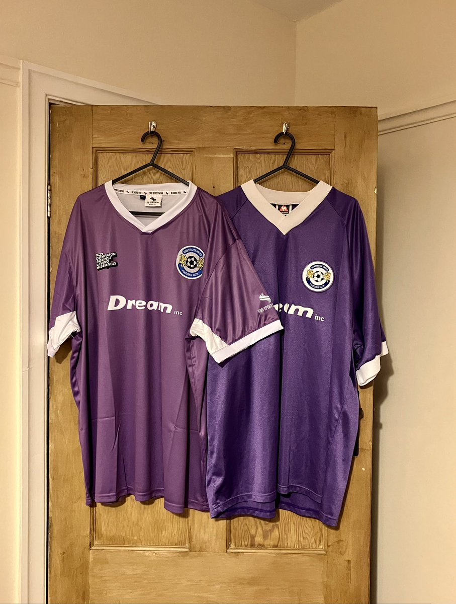 davemathieson84's tweet photo. The Harchester United 1999 FA Cup final shirt, finally added to my collection. With the original 1998/99 regular shirt. Superb work by @S66Sportswear! Great to help raise money for @theCALMzone. Lovely message from @sid_lambert. Anything for the Dragons! 🐉💜 #BringBackDreamTeam https://t.co/EMt5LyX9CG