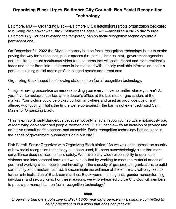 OrganizingBlack's tweet image. Check out our press statement on urging @BaltCouncil to extend the ban on #FacialRecognitionTechnology 

#BanFRT #SurveillanceIsNotSafety

⬇️⬇️⬇️
