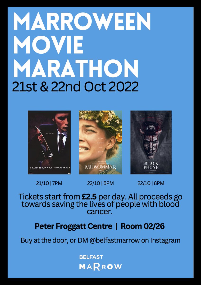 We’re hosting a 2-day horror movie festival to raise funds for <a href="/AnthonyNolan/">Anthony Nolan</a>! DM us for details and to buy the tickets. Limited Tickets!

<a href="/UKMarrow/">Marrow</a> <a href="/QUBelfast/">Queen's University Belfast 🎓</a> @QueensSU_ <a href="/BelfastLive/">Belfast Live</a> <a href="/BelfastHourNI/">#BelfastHour</a> <a href="/QueensAccomm/">QUB Accommodation 🏠</a>