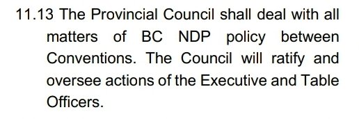 What met last night is the Party Executive.

The Provincial Council is much larger and generally meets 4 times  year. 

All decisions between Conventions are subject to ratification:

#bcpoli #letherrun