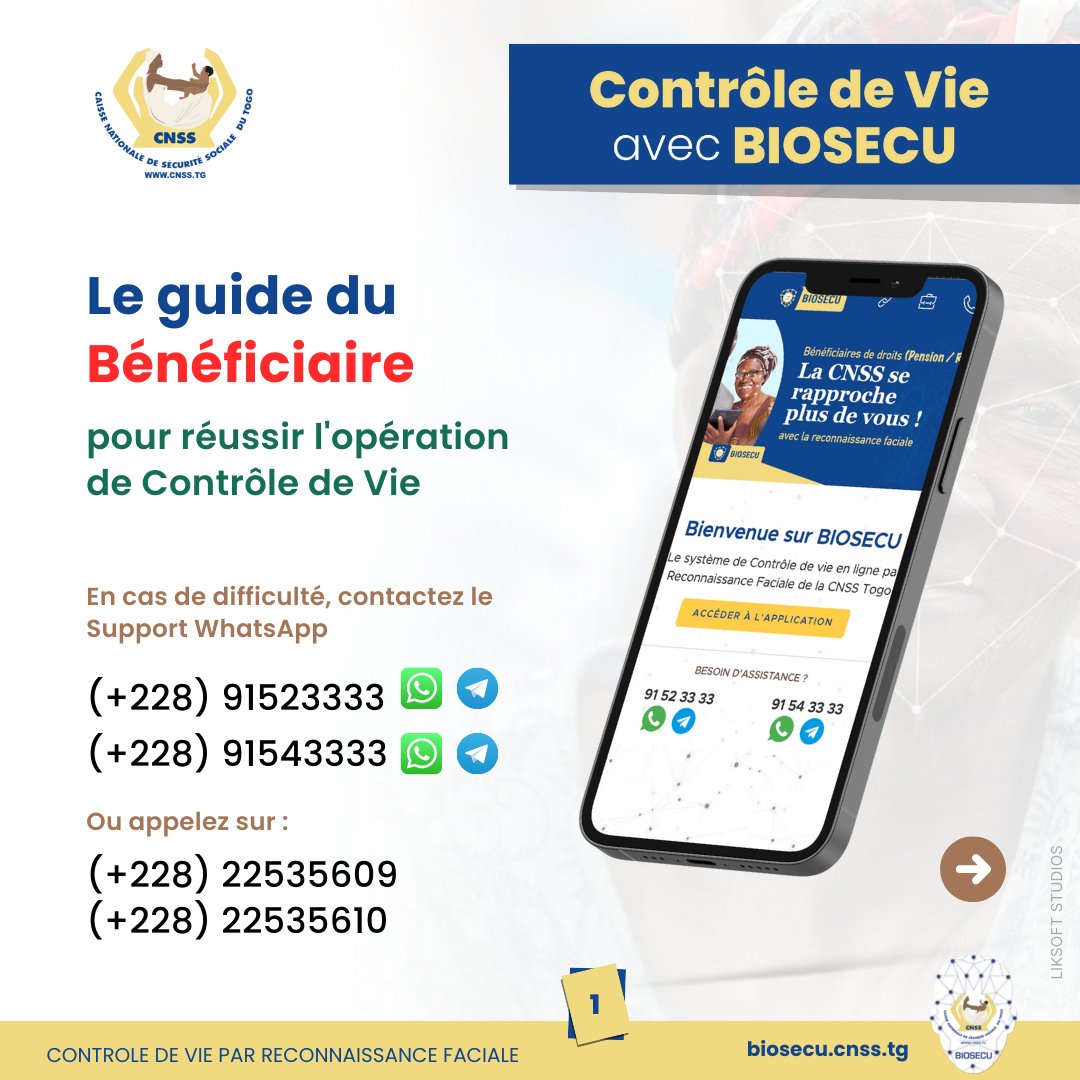 CNSSTG's tweet photo. Découvrez le guide pratique pour BIOSECU, l'application de contrôle de vie de la CNSS TOGO ici : https://t.co/4Gtdh84RBL
#CNSS #Togo #SecuriteSociale https://t.co/JhJ3NQK2wZ