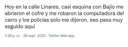 Santa Merlina ♐️ 🧐 (@5antamerlina) on Twitter photo 🚨 robos y cristalazos en autos siguen, aprox 9:00 pm ayer Cholula, Col. Hipódromo
Viernes 14 oct Tepic <a href="/LaRomaDF/">Colonia Roma 🚲</a>
17 oct. un 🚗 se salvó por un conserje vio a la 🐀
28 sep. Linares.
.<a href="/Claudiashein/">Claudia Sheinbaum Pardo</a> <a href="/OHarfuch/">Omar H Garcia Harfuch</a> <a href="/C5_CDMX/">C5 CDMX</a>
Tus patrullas <a href="/SandraCuevas_/">Sandra Cuevas</a> pasean.
De todos no se hace 1 🚨 robos y cristalazos en autos siguen, aprox 9:00 pm ayer Cholula, Col. Hipódromo
Viernes 14 oct Tepic <a href="/LaRomaDF/">Colonia Roma 🚲</a>
17 oct. un 🚗 se salvó por un conserje vio a la 🐀
28 sep. Linares.
.<a href="/Claudiashein/">Claudia Sheinbaum Pardo</a> <a href="/OHarfuch/">Omar H Garcia Harfuch</a> <a href="/C5_CDMX/">C5 CDMX</a>
Tus patrullas <a href="/SandraCuevas_/">Sandra Cuevas</a> pasean.
De todos no se hace 1