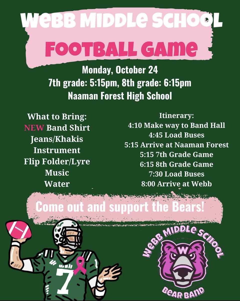 WebbMSBand's tweet photo. We canβt wait to see you at the PINK OUT GAME on Monday!!! #GoBears #WebbPride https://t.co/f8AG6WhvBd