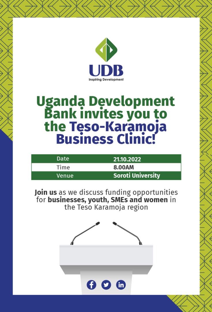 Happening tommorrow in Teso subregion is the #UDBBusinessClinic at Soroti University. SMEs large enterprises and youth come as early as 8a.m and let's learn from what @UDB_Official has for us.