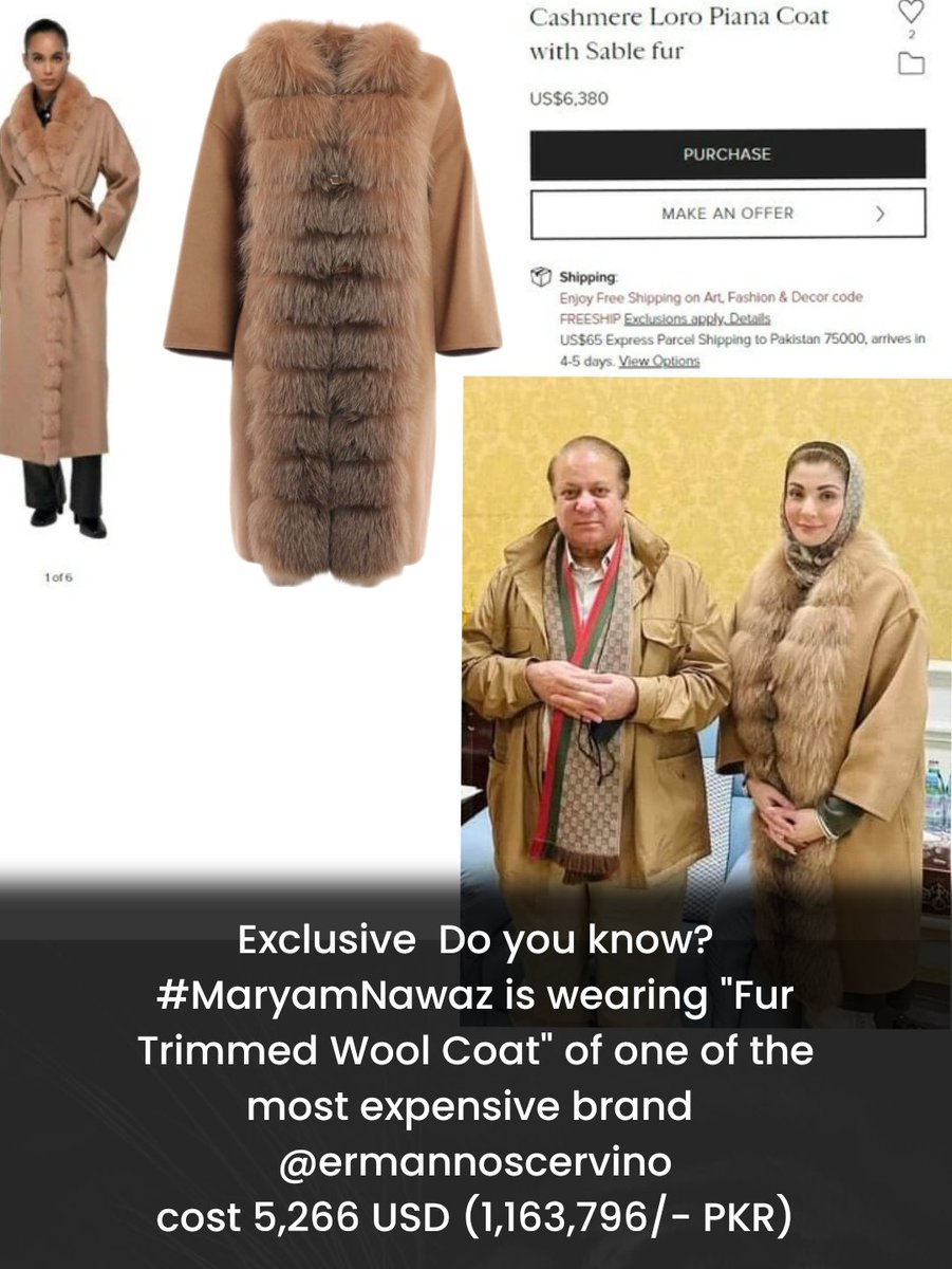 KotAdduAlert's tweet photo. Exclusive Do you know? #MaryamNawaz is wearing "Fur Trimmed Wool Coat" of one of the most expensive brand 
@ermannoscervino
cost 5,266 USD (1,163,796/- PKR) https://t.co/7zh29wj5MJ