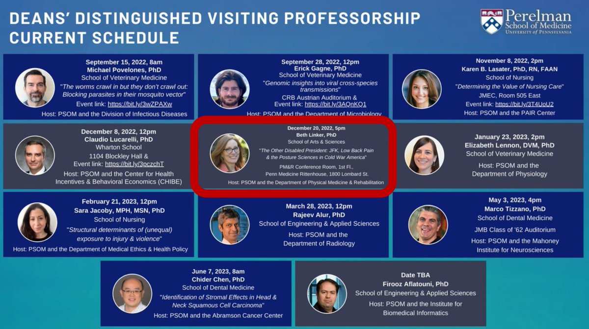 Rehab Robotics Lab (@pennrehabrobots) on Twitter photo UPenn PM&R is hosting a special Deans’ Distinguished Visiting Professorship program on Tuesday December 20th from 5-6pm.
Dr. Linker from SAS will be presenting “The Other Disabled President: JFK, Low Back Pain & the Posture Sciences in Cold War America.”
med.upenn.edu/evdresearch/dd… UPenn PM&R is hosting a special Deans’ Distinguished Visiting Professorship program on Tuesday December 20th from 5-6pm.
Dr. Linker from SAS will be presenting “The Other Disabled President: JFK, Low Back Pain & the Posture Sciences in Cold War America.”
med.upenn.edu/evdresearch/dd…