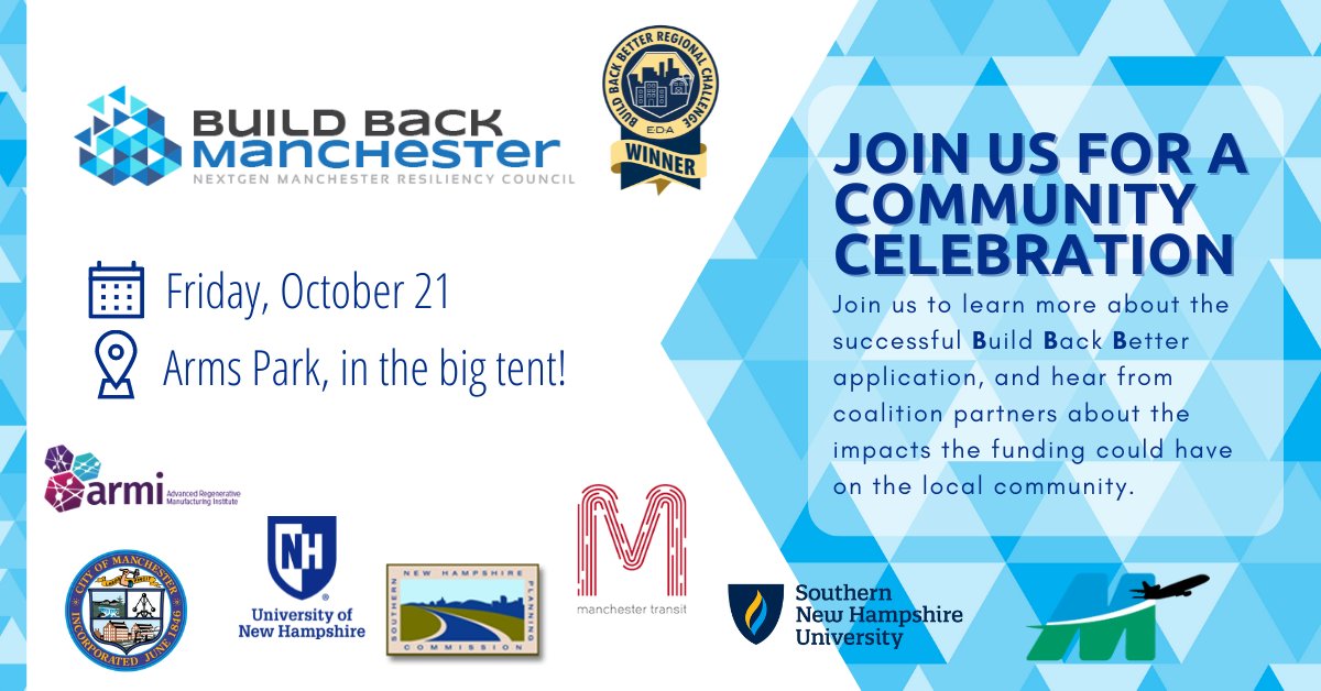 armi_usa's tweet photo. We are looking forward to celebrating with you tomorrow at the Build Back Better Community Celebration in Arms Park. See you at 12 Noon!
#CityofManchester #ARMI #SNHU #UNHM #MHTRegionalAirport #MTABus #ManchesterConnect https://t.co/14tzegHFpB