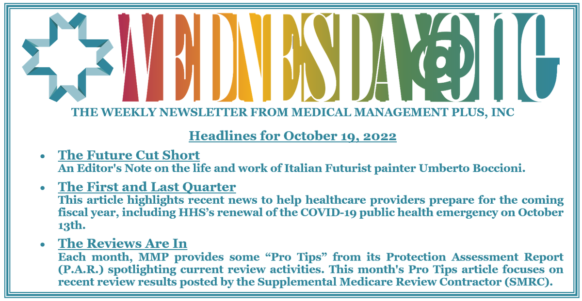 RTMDInsights's tweet photo. In this week's issue of Wednesday@One, read about the recent review activities of the Supplemental Medicare Review Contractor (SMRC). For a free subscription to Wednesday@One, go to https://t.co/rq9LSq1kPy https://t.co/Jqrezpj8zT