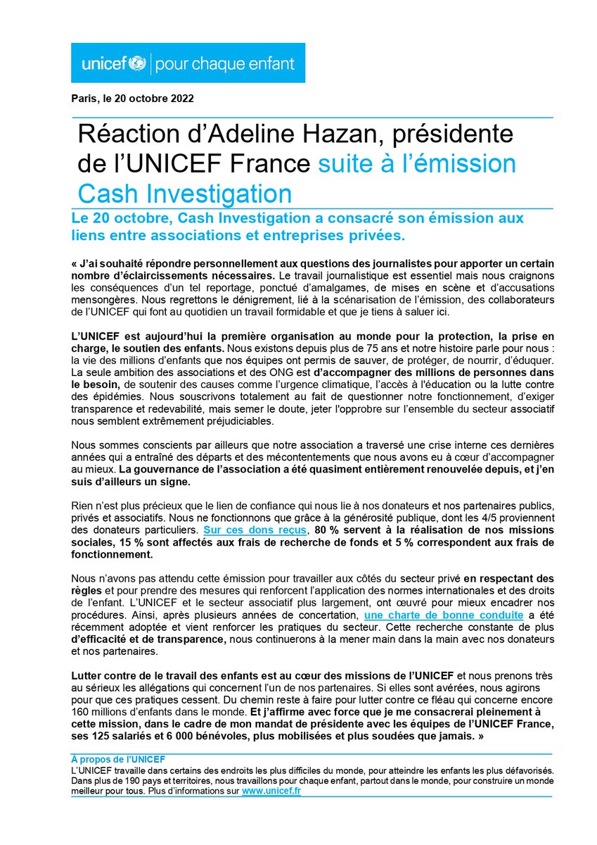 Adeline Hazan, Présidente de l’<a href="/UNICEF_france/">UNICEF France</a>, prend la parole pour réagir à l’émission #CashInvestigation diffusée ce jeudi 20 octobre sur France 2 : unicef.fr/article/reacti…