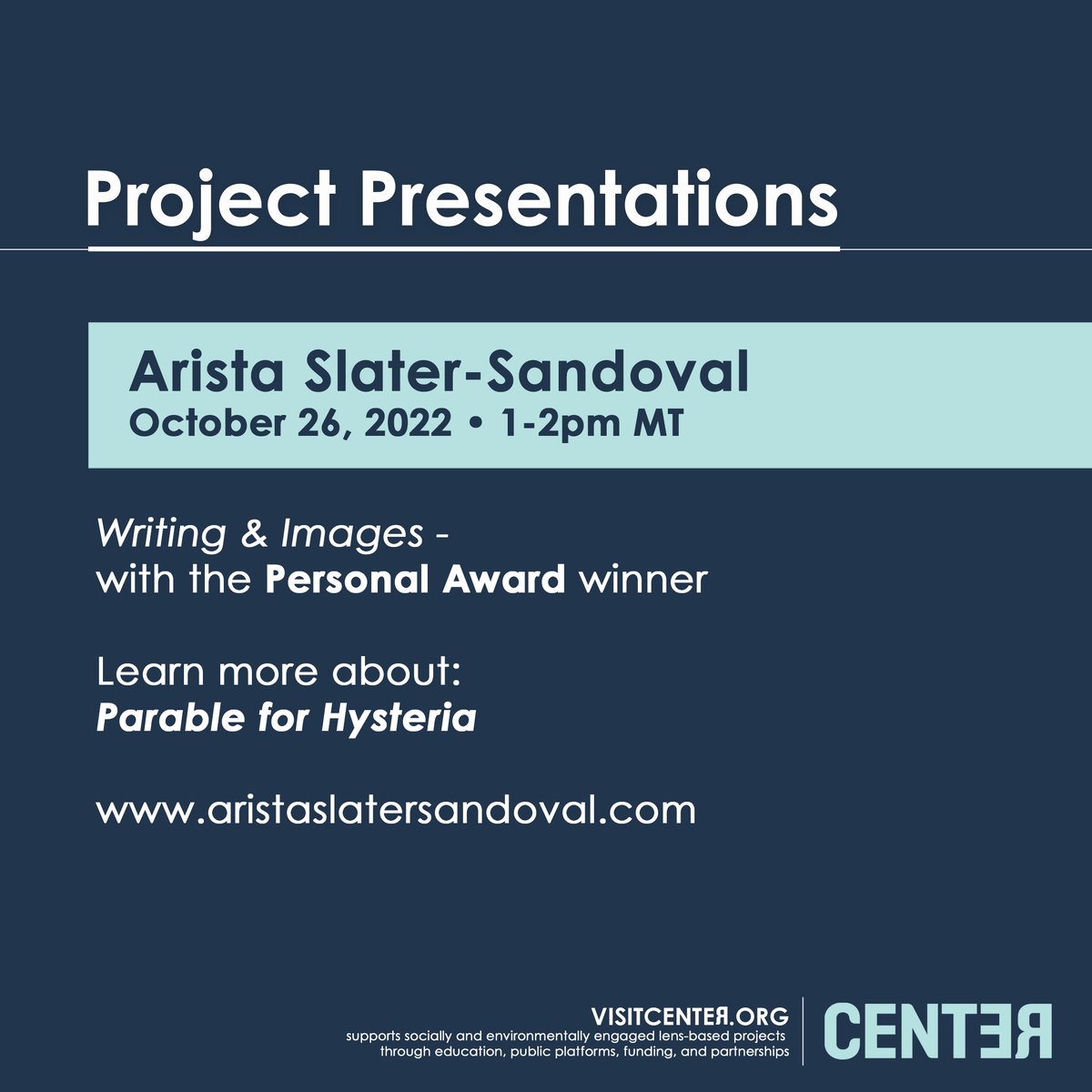 CENTERSantaFe's tweet photo. Join #PersonalAward winner Arista Slater-Sandoval on #October26 as she discusses her practice of "free writing" &amp; the conceptual images in #ParableForHysteria

The virtual presentation is part of the 2022 #ReviewSantaFe Photo Symposium events! #linkinbio 

#CENTERSantaFe https://t.co/xkLkBmHjTd