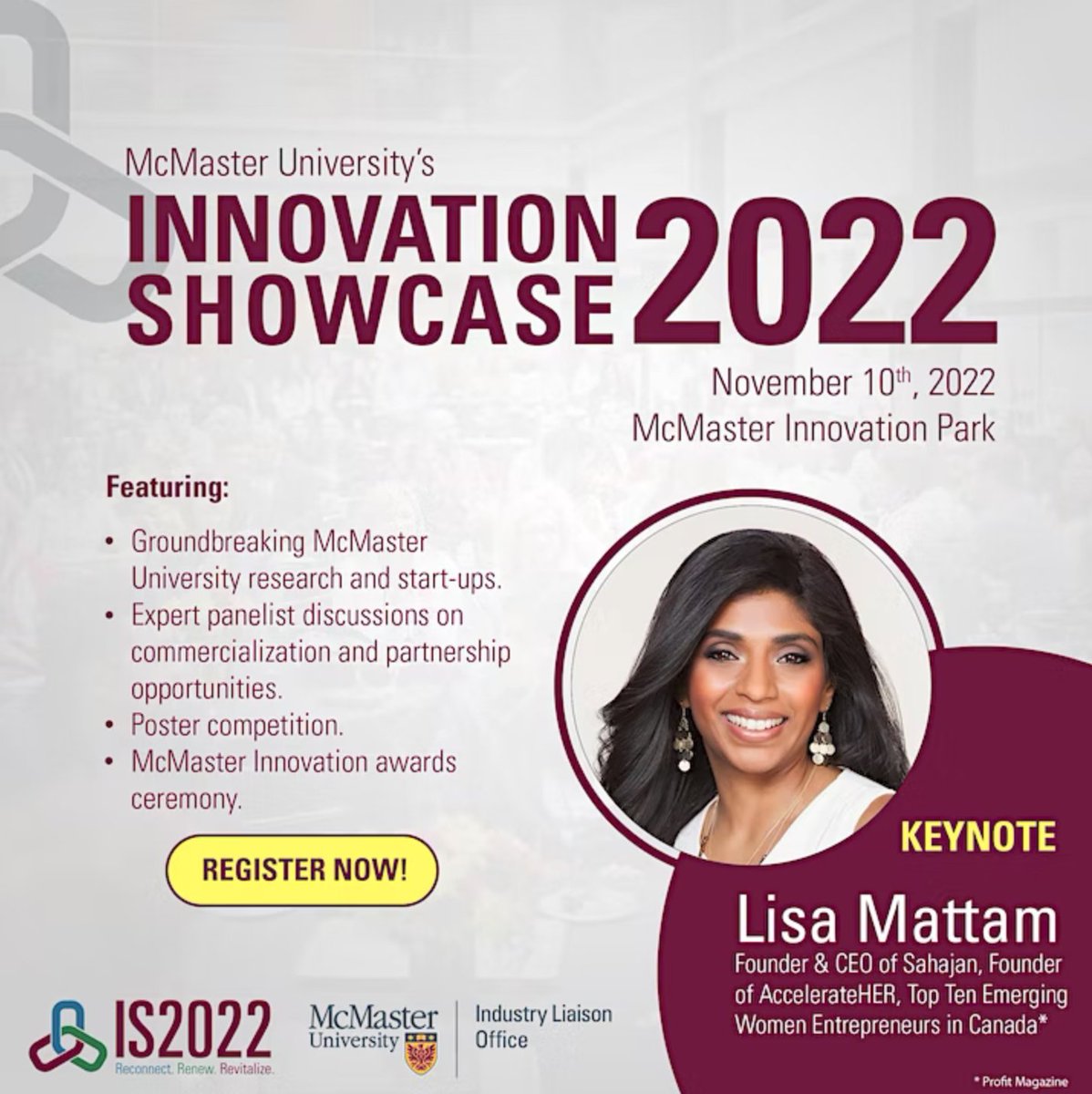 #Innovation Showcase is just around the corner: Join us for a day of activities on November 10th. Network; meet investors, industry professionals, entrepreneurs, and learn about discoveries and start-ups developed at #mcmasteruniversity . Register now: tinyurl.com/bdha6uaj