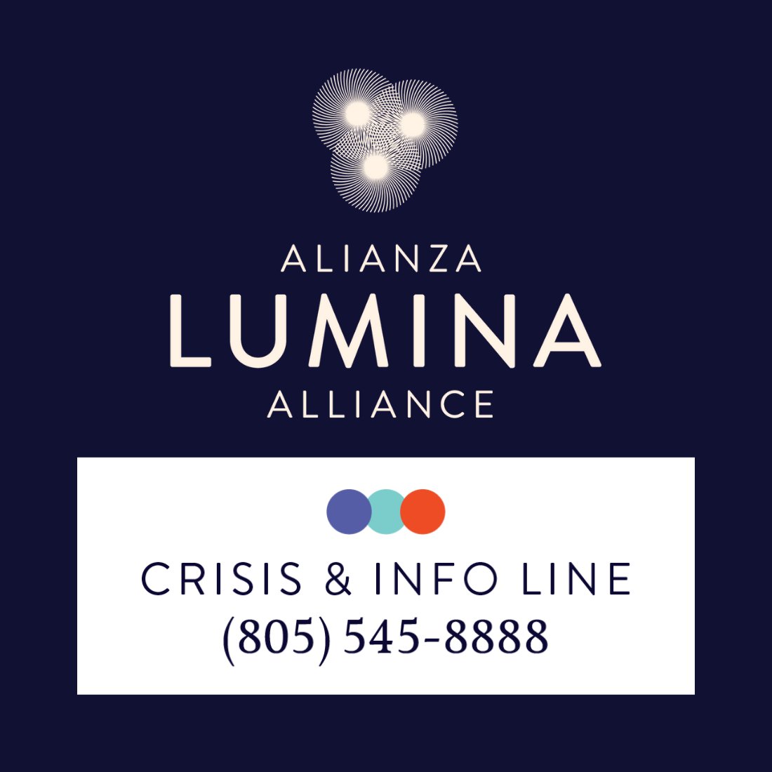 The #LuminaAlliance Crisis and Information Line is free, confidential, and operating 24/7. Available for everyone for information on Lumina Alliance services.
⁠
For donation inquiries, please contact our Business and Donation Line at 805-781-6400 during regular business hours.⁠