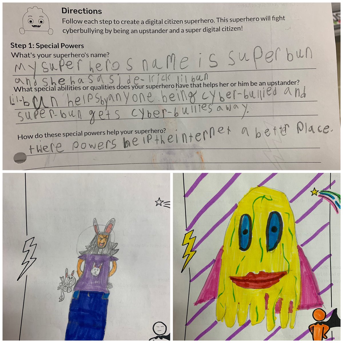 MsRunstedler's tweet photo. This week we have been taking about being a responsible digital citizen. One of our activities was creating a digital superhero who helps keep people safe when using online media. Here’s a few of @Lukes_Lightning digital superheros.
#digitalcitizenweek @WCDSBInnovates https://t.co/JtBGkOoDSw