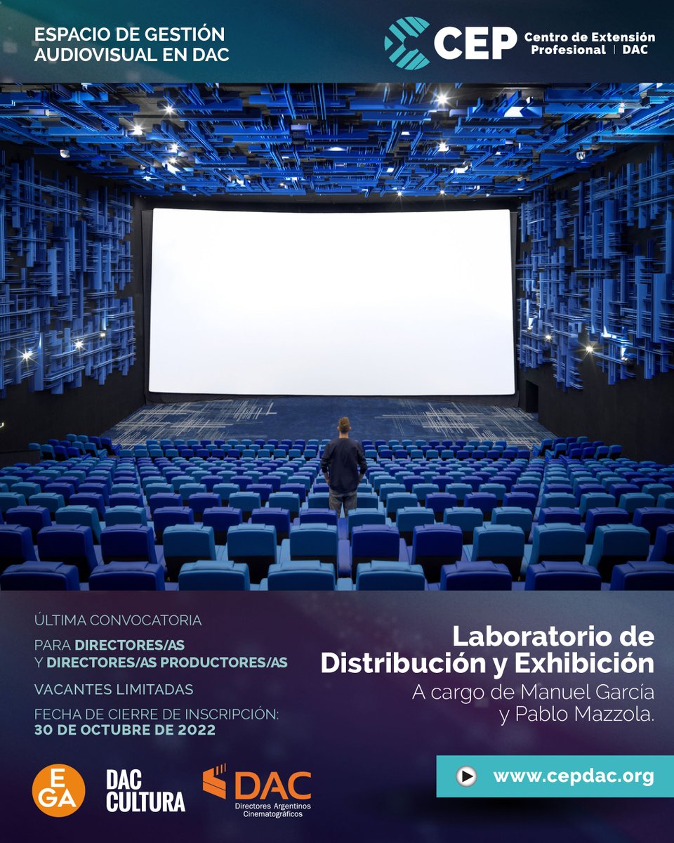 dacdirectores's tweet photo. 🔬 Laboratorio de Distribución y Exhibición Online - ¡Última convocatoria!

🎬 Para Directores/as y Directores/as Productores/as

✍️ Dictado por Manuel García y Pablo Mazzola

📲 Requisitos e inscripción en https://t.co/FoMQ3hGLJP

#dacdirectores #cepdac https://t.co/gQdGCgnzRK