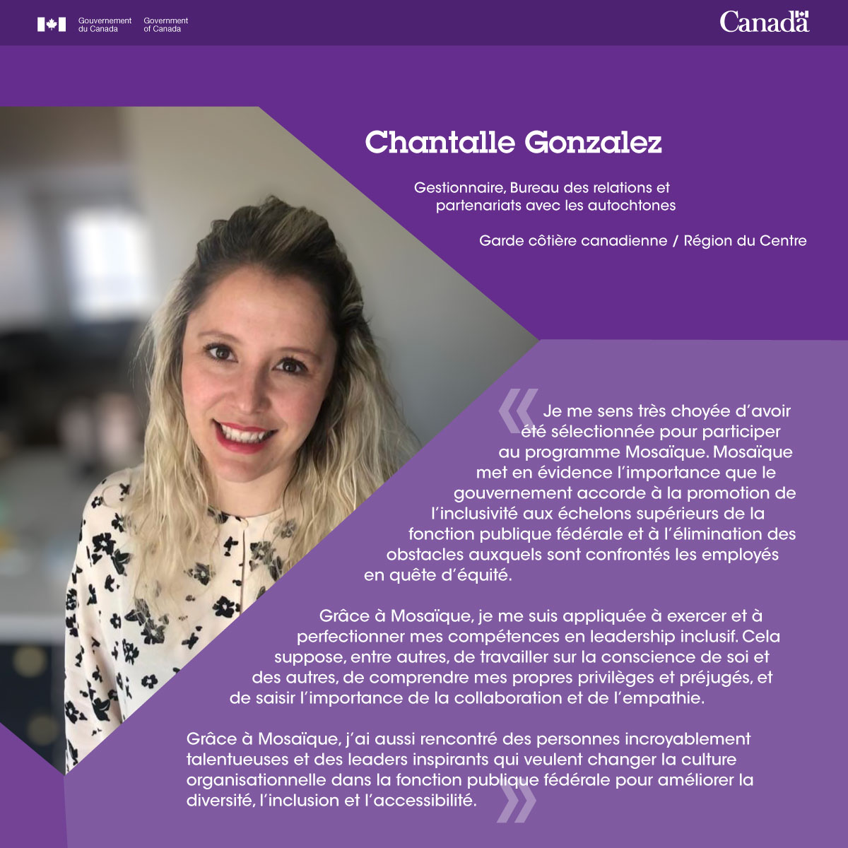 SCT_Canada's tweet photo. Chantalle Gonzalez, gestionnaire @GardeCotiereCAN nous parle de comment elle est choyée d’avoir participé au Programme de perfectionnement en leadership Mosaïque. Pour en savoir plus sur le programme, visitez :  https://t.co/GdMS4S4AAu https://t.co/EC4aHd4MC9