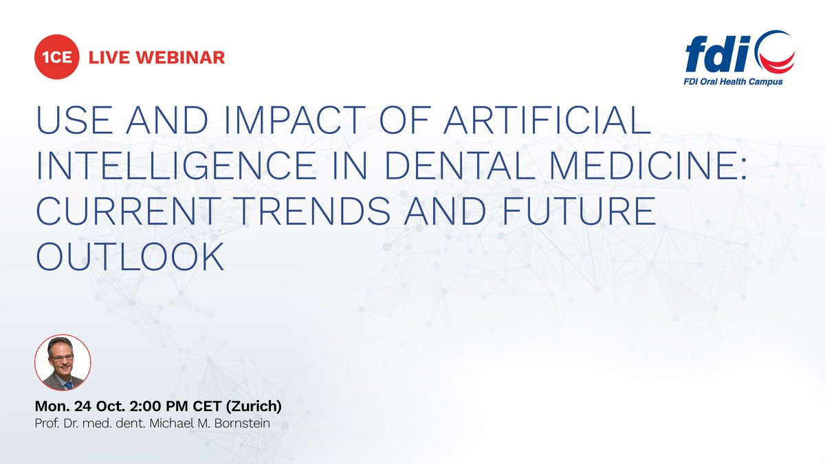 fdiworlddental's tweet image. Have you registered for the upcoming #DigitalLearningDays webinar on #ArtificialIntelligence? 👉 Join us on the FDI Oral Health Campus to learn about the current trends and future outlook of #AI in #dental medicine. ➡️ fdi.ngo/3SjNytd