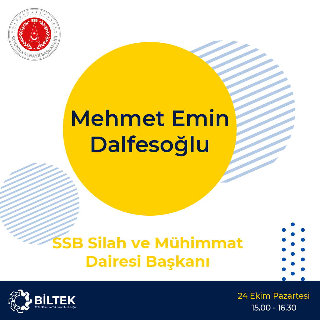 📢 Üniversite Sanayi Buluşmaları sürpriz konuklarla devam ediyor 🤝🏻

Savunma Sanayi Başkanlığı Silah ve Mühimmat Dairesi Başkanı Mehmet Emin Dalfesoğlu

❗ Katılım Formu: forms.gle/D86rUhSjsAD9pp…

<a href="/ybuankara/">Ankara Yıldırım Beyazıt Üniversitesi</a> <a href="/SavunmaSanayii/">SSB</a>

#BİLTEK #ybu #aybu #teknoparkankara #konferans #sanayi
