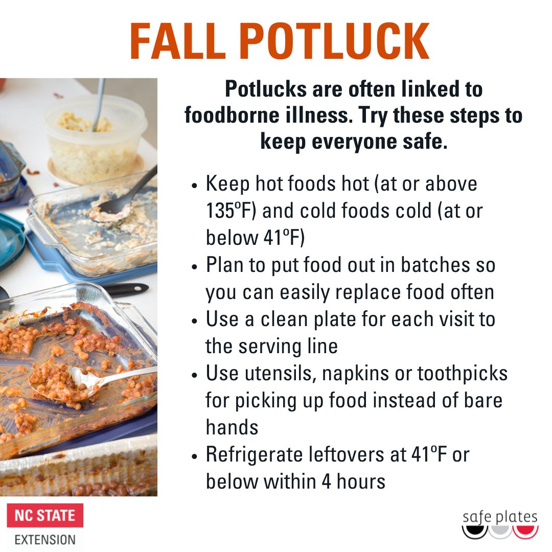 SafePlatesFSIC's tweet photo. When you are hosting a fall potluck try these steps to keep everyone safe. #FoodSafety #FallPotluck #Cooking https://t.co/LPtvm34Ojf