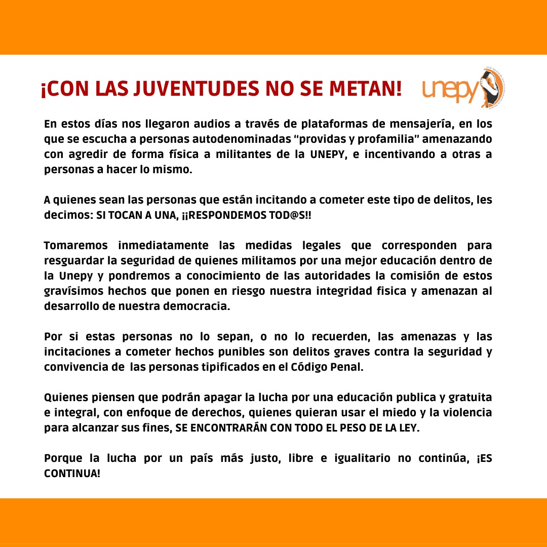 dv0xpay's tweet photo. ¡COMUNICADO A LA OPINIÓN PÚBLICA!📢

Si tocan a una, ¡RESPONDEMOS TOD@S!

¡Con las juventudes no se metan!🙌🏻💜

#unepyavanza https://t.co/EX4RU0zczr