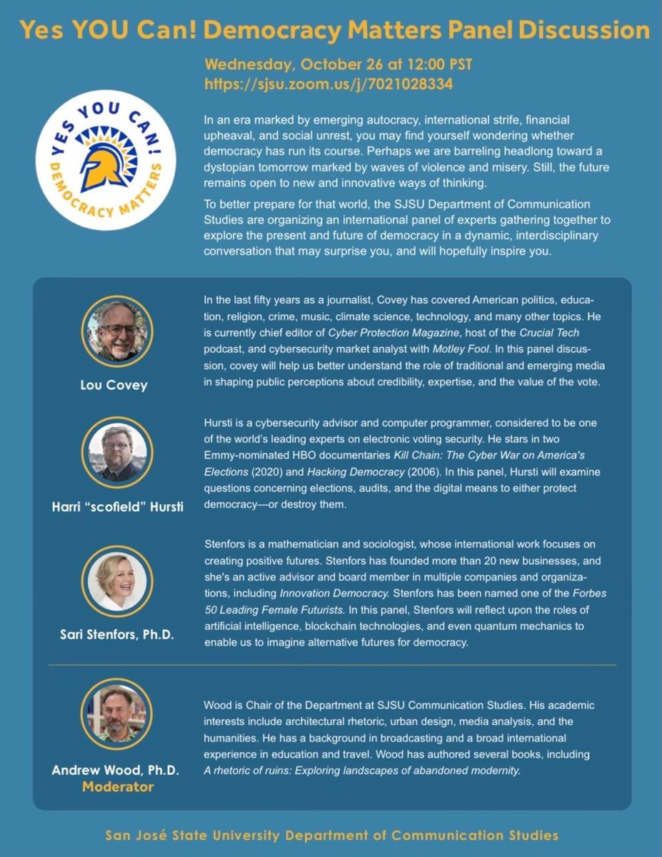 commsjsu's tweet photo. 💙SJSU SPARTANS💛 looking for something life changing to do? Attend our YES YOU CAN! DEMOCRACY MATTERS panel! Next Wednesday @ 12PM 🗣 https://t.co/XrWUoTbvvh