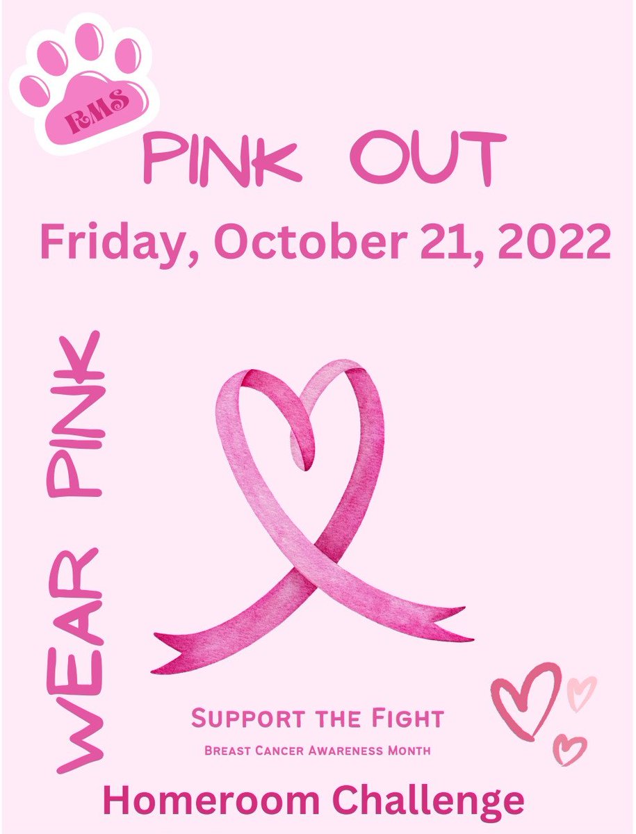 Tomorrow is Pink Out Day for Cancer Awareness! The homeroom with the most people wearing pink will win the challenge!
#rialtomiddleschool