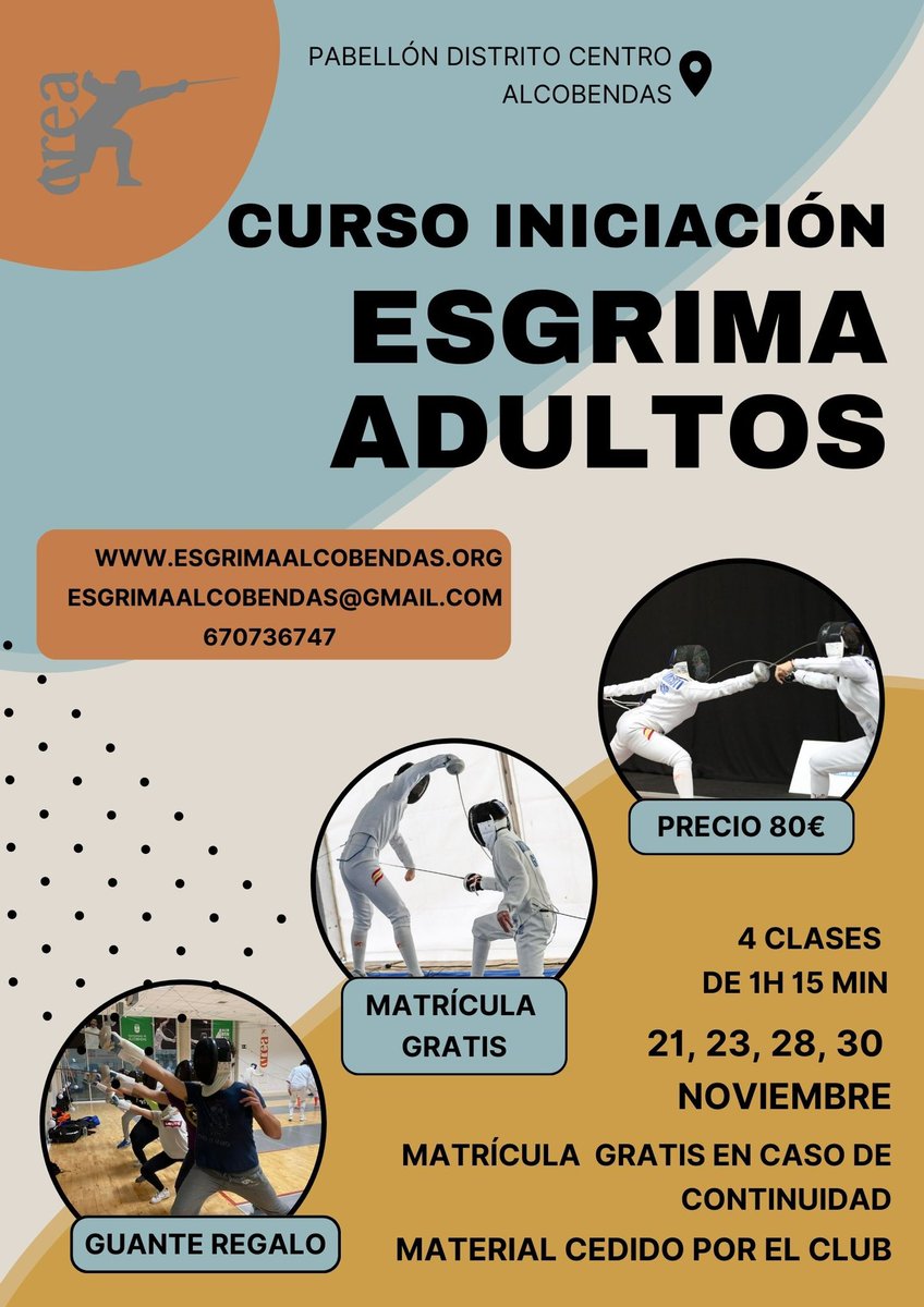 esgrimaCREA's tweet photo. Recuerda! 
Nuevo curso en noviembre! 
Reserva tu plaza ➡️ https://t.co/Y3hM2z0ISe

#esgrima #alcobendas #alcobendasesdeporte https://t.co/esQVX39R9O