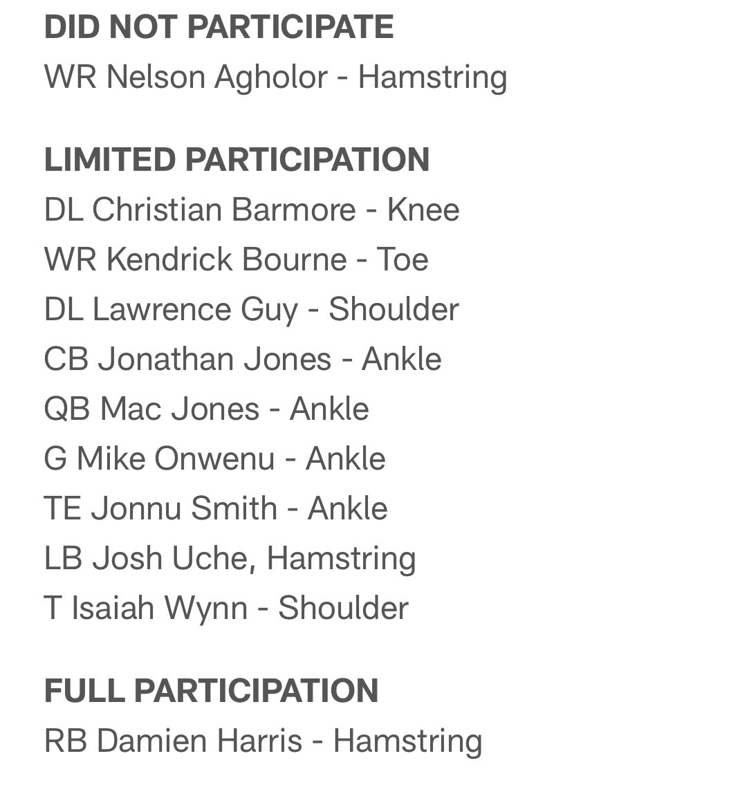 RB Damien Harris (hamstring) was a full participant today, while WR Nelson Agholor (hamstring) was the lone player to not participate. Full Patriots injury report: