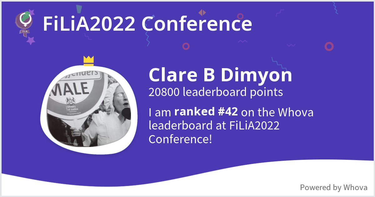 larverie's tweet photo. @BDimyon (currently banned from #Twitter for FACTS of lesbian &amp; gay history) ranked #42 on the #Whova leaderboard at FiLiA2022 Conference! #FiLiA2022 @radicaldata PS she lost her mobile https://t.co/dhb17VYVtb