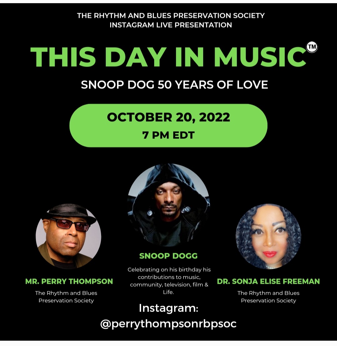 RBPSOC's tweet photo. Tune in to RBPS This Day In MusicTM tonight at 7PM celebrating Hip Hop legend Snoop Dogg on his Birthday Instagram Live @perrythompsonrbpsoc @SnoopDogg @uhhmuseum @HipHopHoF @RockTheBells @deathrowmusic #rbpsoc #50YearsOfLove https://t.co/UqcTjV8xSA
