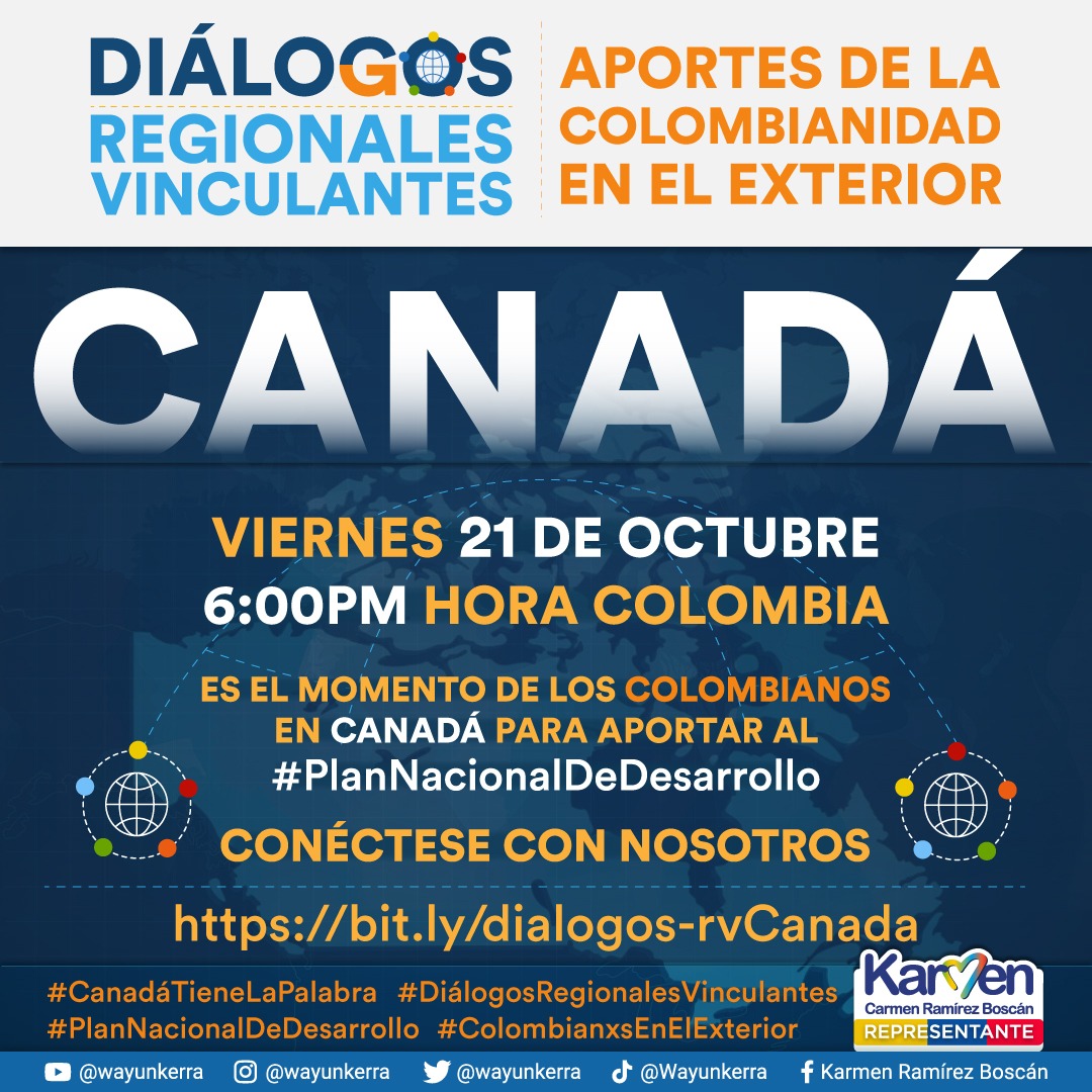 Wayunkerra's tweet photo. Nos encontraremos virtualmente con la colombianidad en Canadá🍁 donde la comunidad se ha organizado para hacer sus #DiálogosRegionalesVinculantes.

Estaremos ahí, acompañando junto a @CancilleriaCol, quiénes simultáneamente desarrollarán los diálogos presencialmente.

#ElPaísVa https://t.co/lcFwbzdbOF
