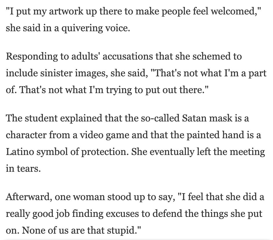 Adults scrutinizing school art for secret messages and putting the high-school artist through a star chamber.
npr.org/2022/10/20/112…