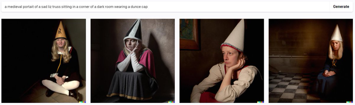 CursedDallEGens's tweet photo. A medieval portait of a sad Liz Truss sitting in the corner of a dark room wearing a dunce cap. #weirddalle #dalle2 #dalle #curseddalle #dalle2art #liztrussPM #UK #cursed https://t.co/8VjgYW4Uga