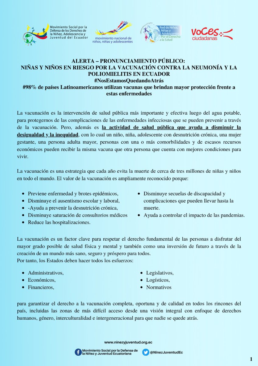NinezJuventudEc's tweet photo. 📢#ALERTAPÚBLICA🗣️NIÑ@S  EN RIESGO POR LAS POLÍTICAS DE VACUNACIÓN CONTRA LA NEUMONÍA Y LA POLIOMIELITIS EN #Ecuador

📢@Salud_Ec @PepeRuales @LassoGuillermo @NenePedernera @esmeraldatroiti @solgmunoz
 @Marcosmolinadr @DerechoSaludAN @VocesCiudadana2
#MovimientoSocialPorLaNiñezEc https://t.co/1EO1YH0AKr
