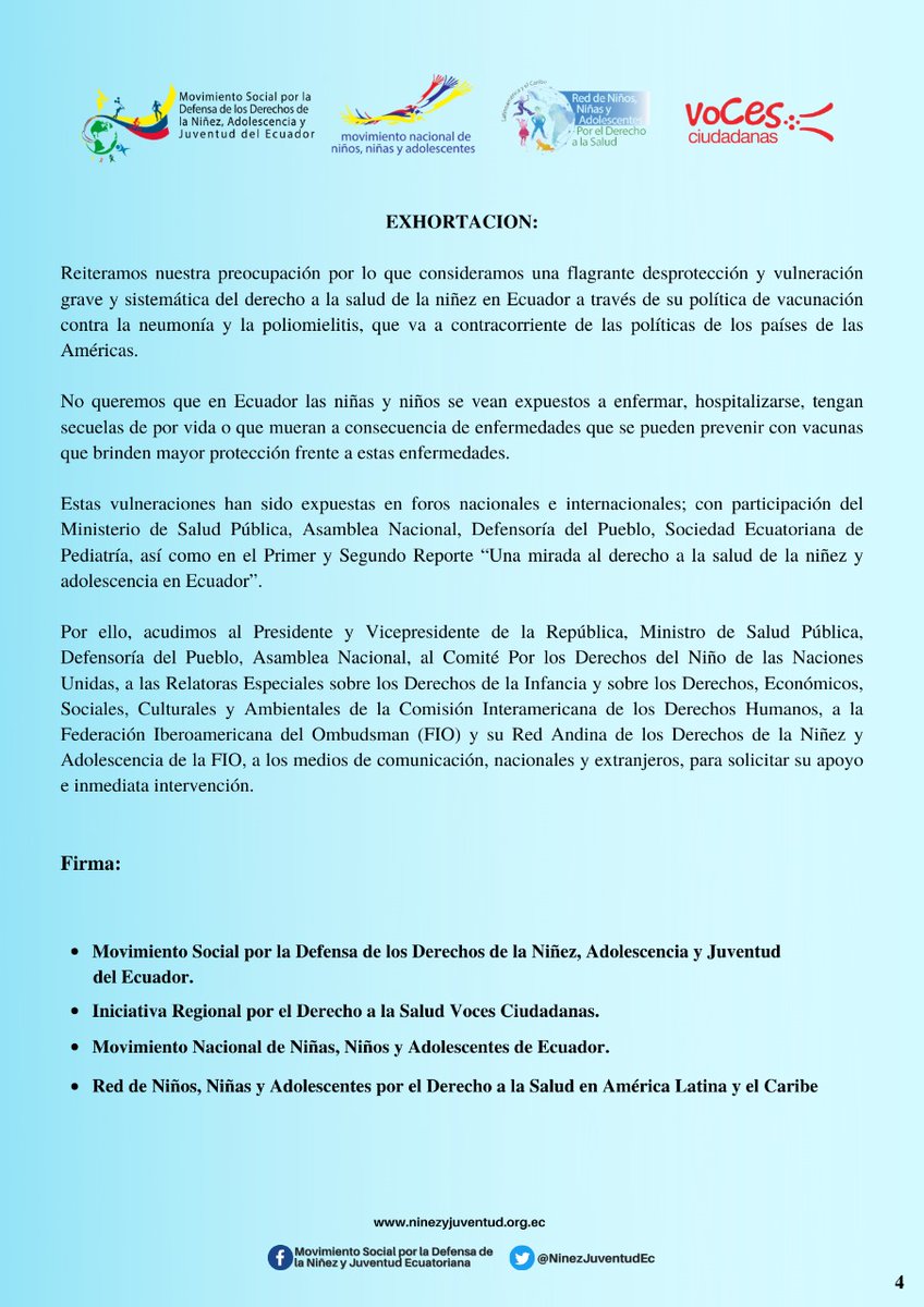 NinezJuventudEc's tweet photo. 📢#ALERTAPÚBLICA🗣️NIÑ@S  EN RIESGO POR LAS POLÍTICAS DE VACUNACIÓN CONTRA LA NEUMONÍA Y LA POLIOMIELITIS EN #Ecuador

📢@Salud_Ec @PepeRuales @LassoGuillermo @NenePedernera @esmeraldatroiti @solgmunoz
 @Marcosmolinadr @DerechoSaludAN @VocesCiudadana2
#MovimientoSocialPorLaNiñezEc https://t.co/1EO1YH0AKr