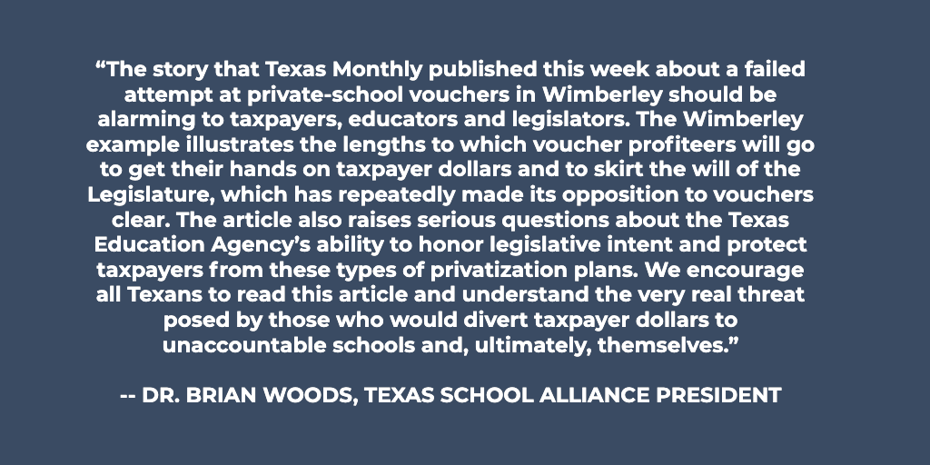 Earlier this week, @texasmonthly published an article describing an attempted plan to bring school vouchers to Wimberley ISD. Please see our statement on the article below and please read the article here: texasmonthly.com/news-politics/…. #TxLege #TxEd #TxEdVotes