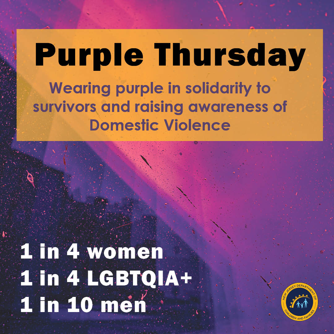 NJDCF's tweet photo. Today is #PurpleThursday.
Every year, many members of #TeamDCF wear a purple article of clothing to show support for, and solidarity with, survivors of domestic violence.
If you are facing DV, call the hotline: 1 (800) 572-SAFE (7233) https://t.co/98UZ9xFdxo