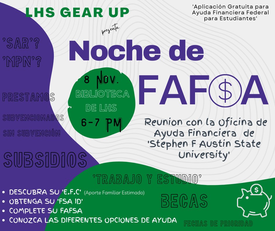 GEARUPLISD's tweet photo. Join GEAR UP and @SFASU to learn about your financial aid options and how easy it is to complete the FAFSA/TASFA. https://t.co/BxKf0hRLU5