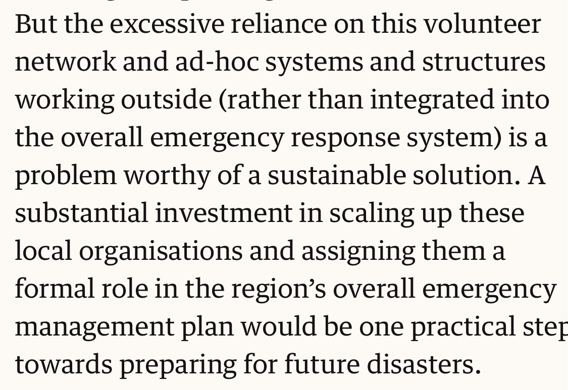 Excellent article by <a href="/seemaforshepp/">Seema Abdullah</a>.
Disaster response has been devolved to local communities, such as Shepparton &amp; Lismore to bear the brunt of disasters, unsupported.
Completely appropriate for them to determine what is needed, but needs more support.
theguardian.com/commentisfree/…