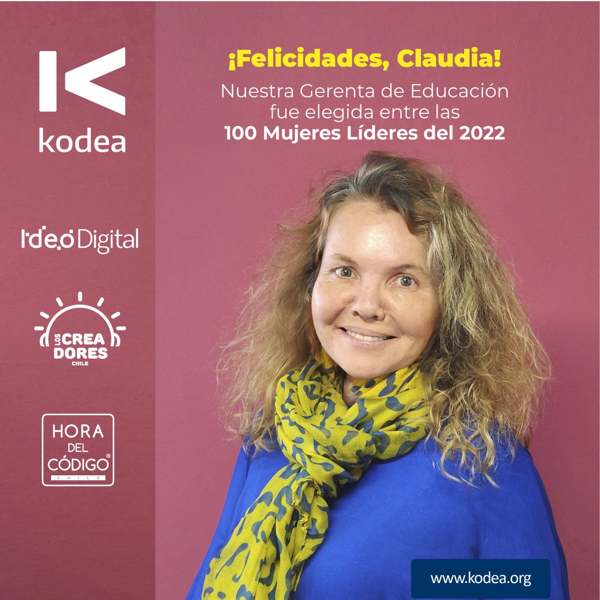 KodeaOrg's tweet photo. Nuestra Gerenta de Educación @claudiajana fue premiada como una de las 100 #Mujeres Líderes del 2022, instancia organizada por @MEmpresarias y @ElMercurio_cl. El galardón distingue el liderazgo femenino y destaca #mujeres que aportan al desarrollo económico, social y cultural. https://t.co/M3ICY4yvaI