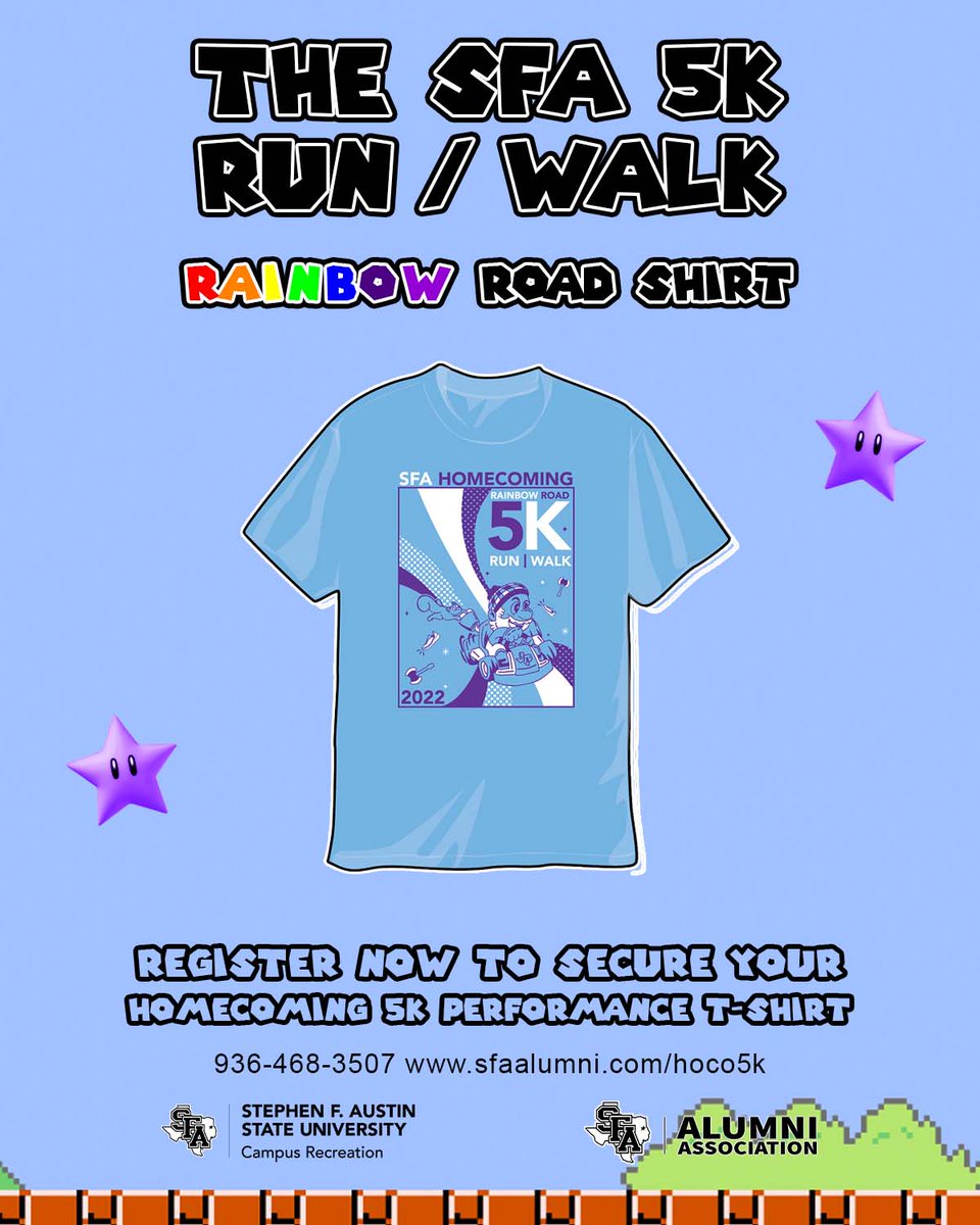 Homecoming 5K Shirt!

Want a Homecoming 5K Rainbow Road shirt? Register to participate in the 5K by October 25th online, "sfaalumni.com/hoco5k" to receive the shirt!

See you there, Jacks!