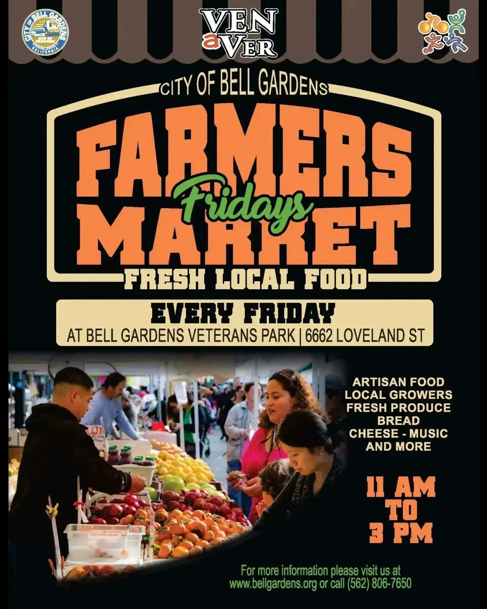 bellgardenscity's tweet photo. 🥬 TOMORROW (10/20) Bell Gardens Farmers Market
Every Friday at Bell Gardens Veterans Park
6662 Loveland St
11 AM - 3 PM
https://t.co/E0VveXYacj
@bgrecreation @VenaverEvents
#BellGardens #BG #CityOfBellGardens #VenAVer #BGFamersMarket #BGFridays #FreshLocalFood https://t.co/aFqqML9nCK
