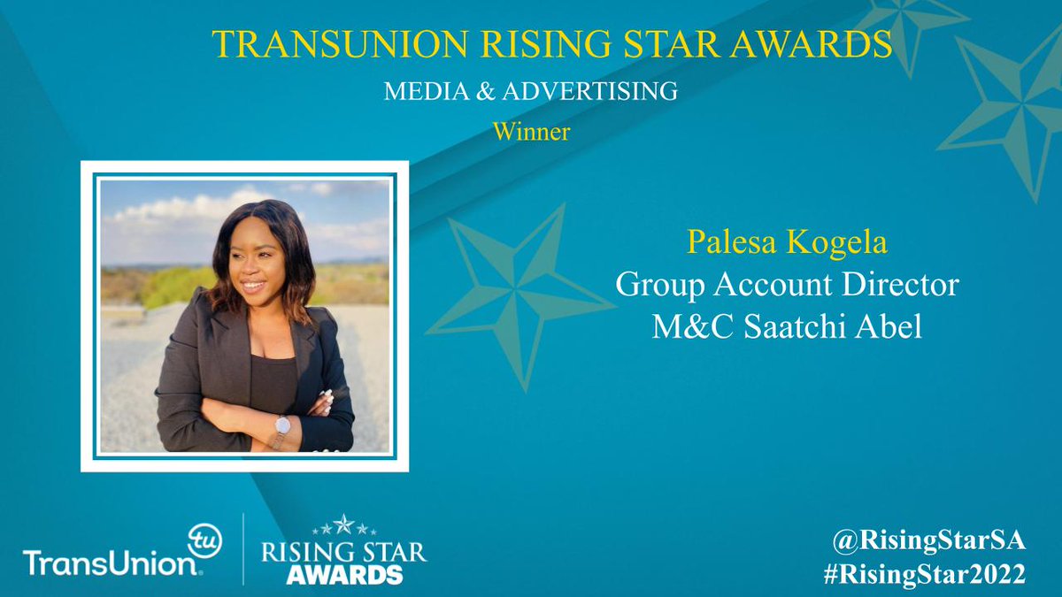 RisingStarSA's tweet photo. Winner – Media &amp; Advertising! Congratulations Palesa Kogela, Group Account Director, M&amp;C Saatchi Abel. Highly Commended: Nwabisa Matyumza, Director: Multichoice Talent Factory, MultiChoice.
#RisingStarSA #RisingStar2022 @TransUnion,@Accenture,@RandRefinery,@AbsaSouthAfrica https://t.co/esjuBM6Al1