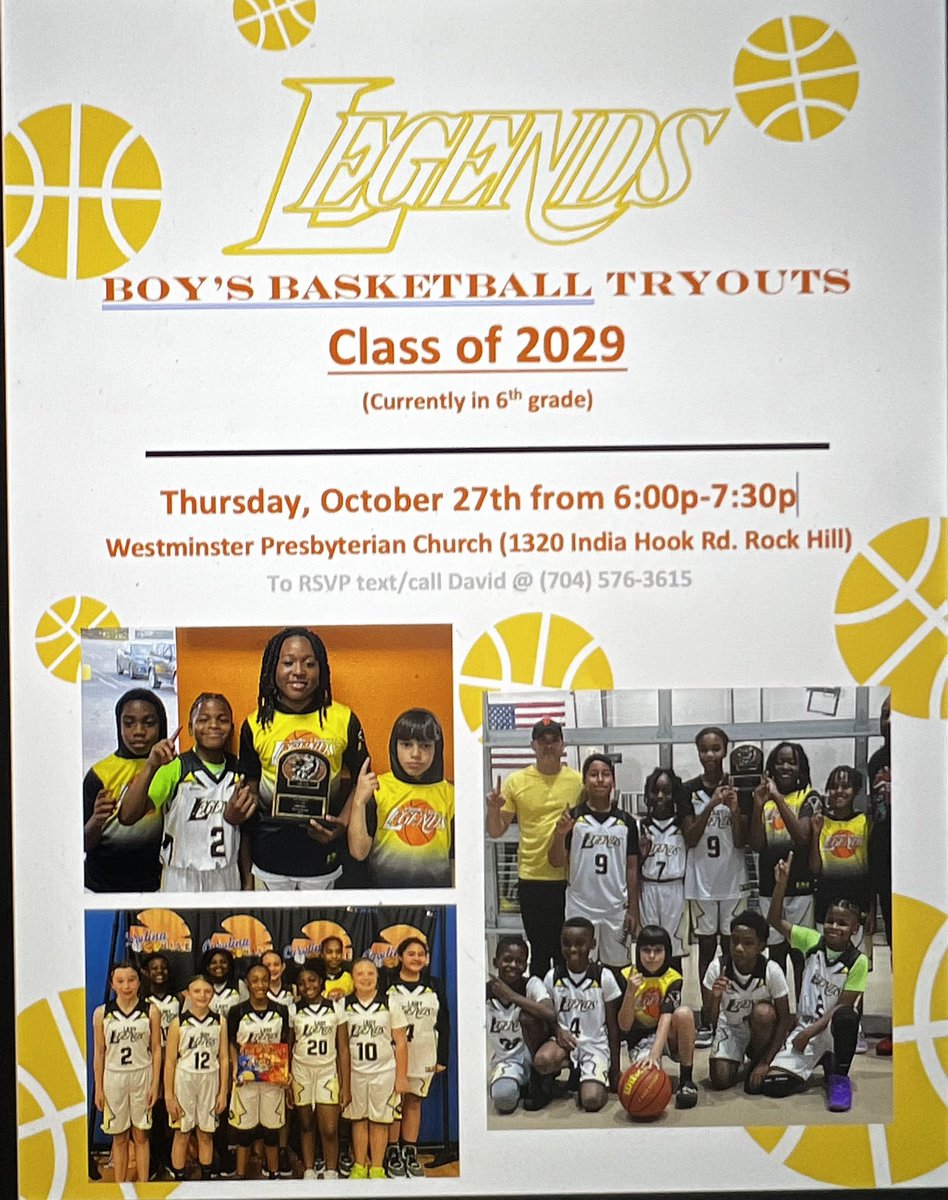 Tryouts for the 6 grade boys travel basketball 2023 season! Want to be a Legends come to tryouts! Any questions plz contact the number on the flyer. 🏀🏀🏀