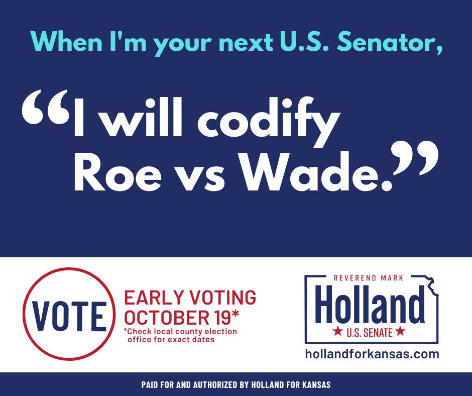 Holland4Kansas's tweet photo. Advance voting has started. Make a plan for when you are going to vote Mark Holland as your next U.S. Senator. Republicans have promised to ban abortion nationwide, but I will protect your access to reproductive care.
Learn more at: https://t.co/mfMbGYZVtg
#VoteHollandOnNov8 https://t.co/KRrRi3Fy8I
