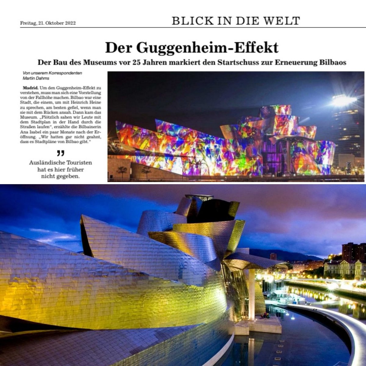 Da beisst die Maus keinen Faden ab. Ich habe bereits am 4.10.07 in der <a href="/welt/">WELT</a> zum 10jährigen Jubiläum des #Guggenheim-Museums vom #BilbaoEffekt geschrieben.  Interessant, daß seit 15 Jahren viele Medien von mir abschreiben, wie heute die <a href="/BNN_BaNeuNa/">BNN</a> 
welt.de/reise/article1…
